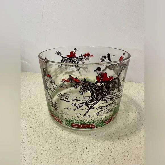 Awesome 1950s MCM Set of 13 Hazel Atlas Equestrian / Hunting Scene Bar Glass Set